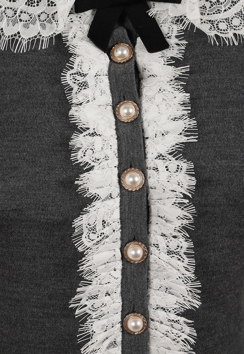Self-Portrait Anthracite Grey Lace Collar Knit Cardigan With Jeweled Buttons