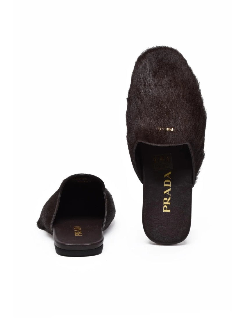 Prada Chocolate Pointed Toe Cavallino Leather Mules