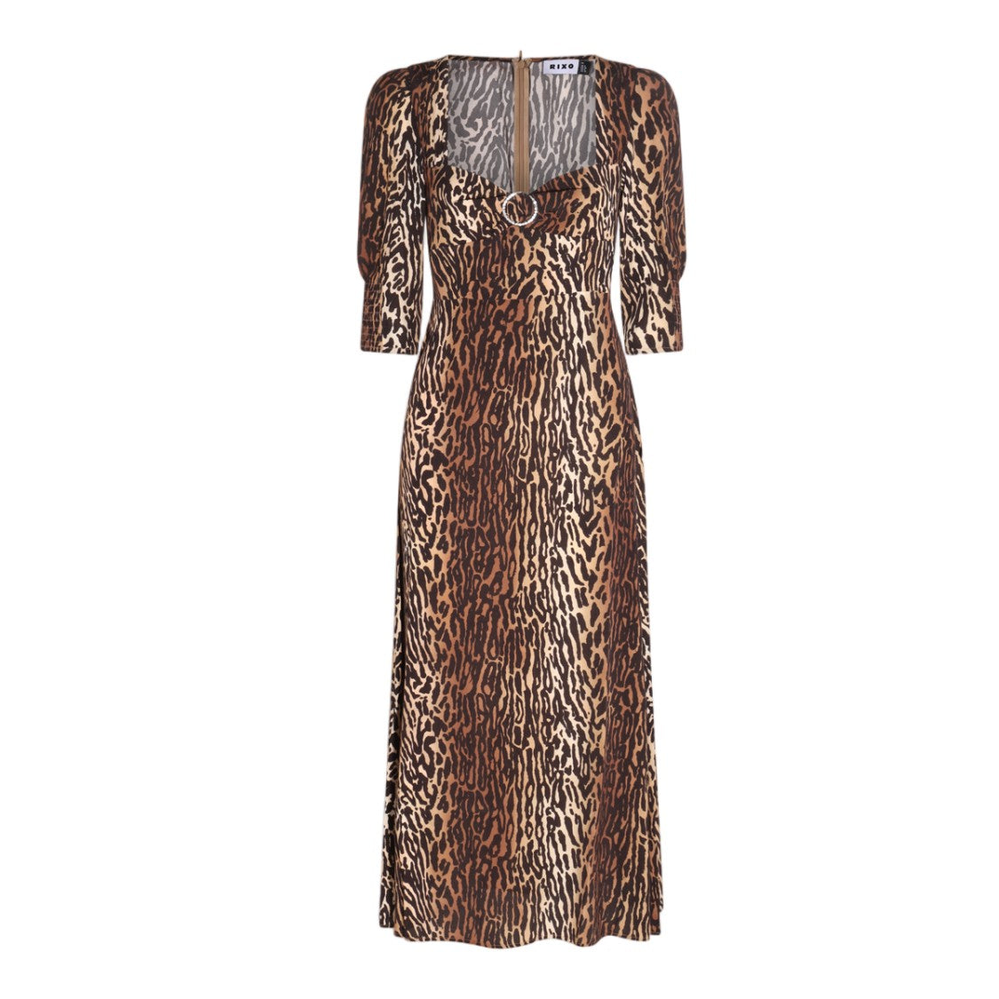 Rixo Animal Print Midi Dress With Fitted Bodice And Unique Ring Detail