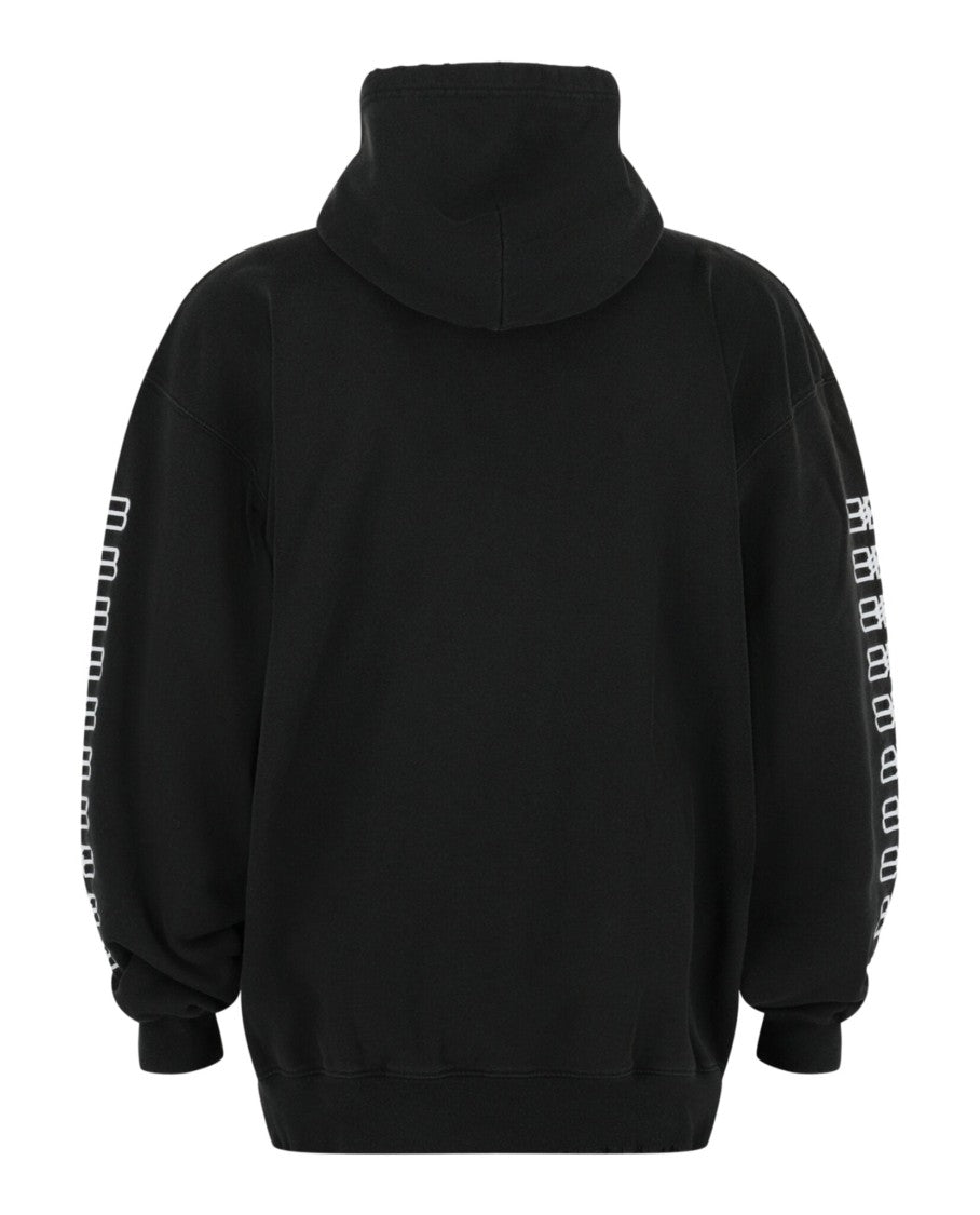 Balenciaga Oversized Black Cotton Hoodie With Embroidered Logos