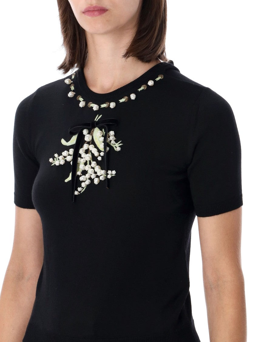 Valentino Garavani Short-Sleeved Knit Top With Floral Embroidery And Bow Detail