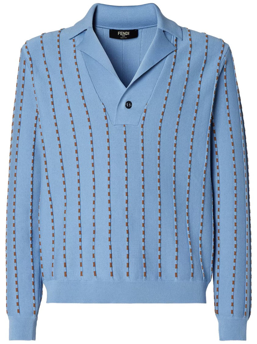 Fendi Light Blue Knit Polo Sweater With Vertical Stripes