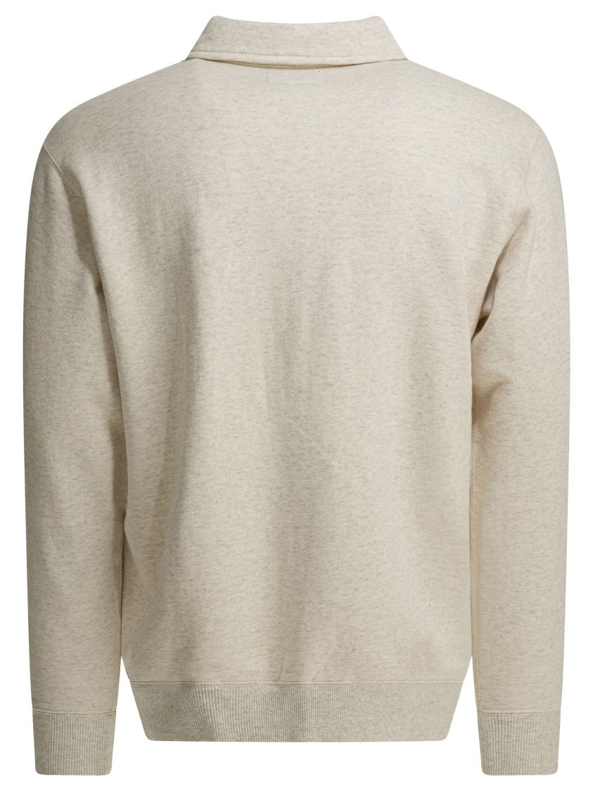 Beams Plus Half-Zip Cotton Sweatshirt With Kangaroo Pocket And Ribbed Trims