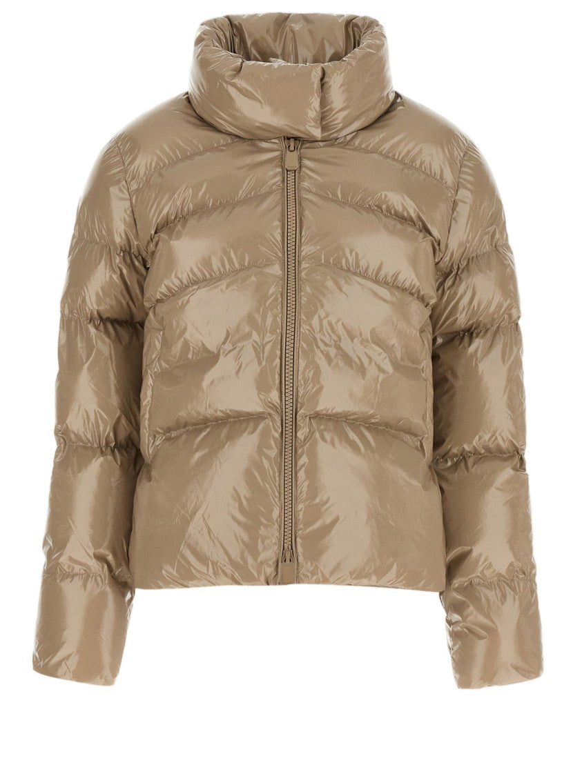 Pinko Beige High Collar Quilted Nylon Down Jacket