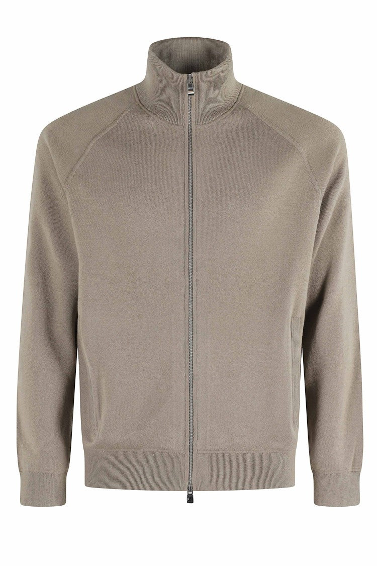 Boss Front-Zip High Neck Cardigan With Ribbed Detailing