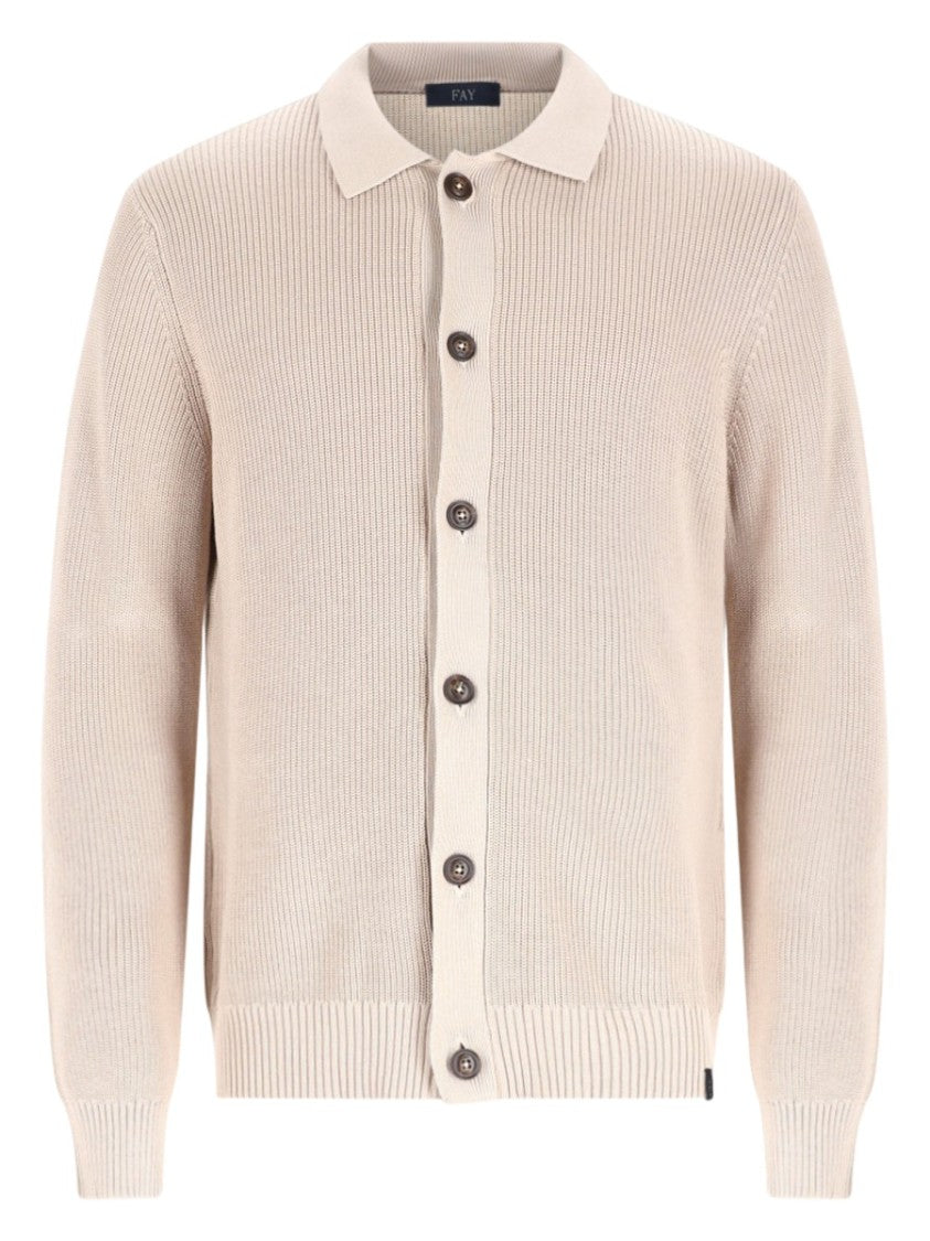 Fay Neutrals Ribbed Knit Button-Down Cotton Cardigan