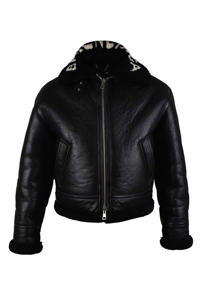 Balenciaga Shiny Black Leather And Wool Bomber