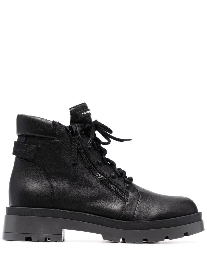 Giuseppe Zanotti Black Leather Ankle Boots With Lace-Up Front And Side Zipper Detail