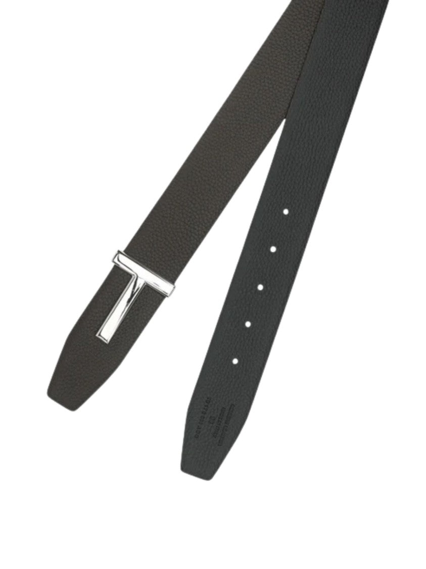 Tom Ford Textured Black Leather Belt With Polished Silver Buckle