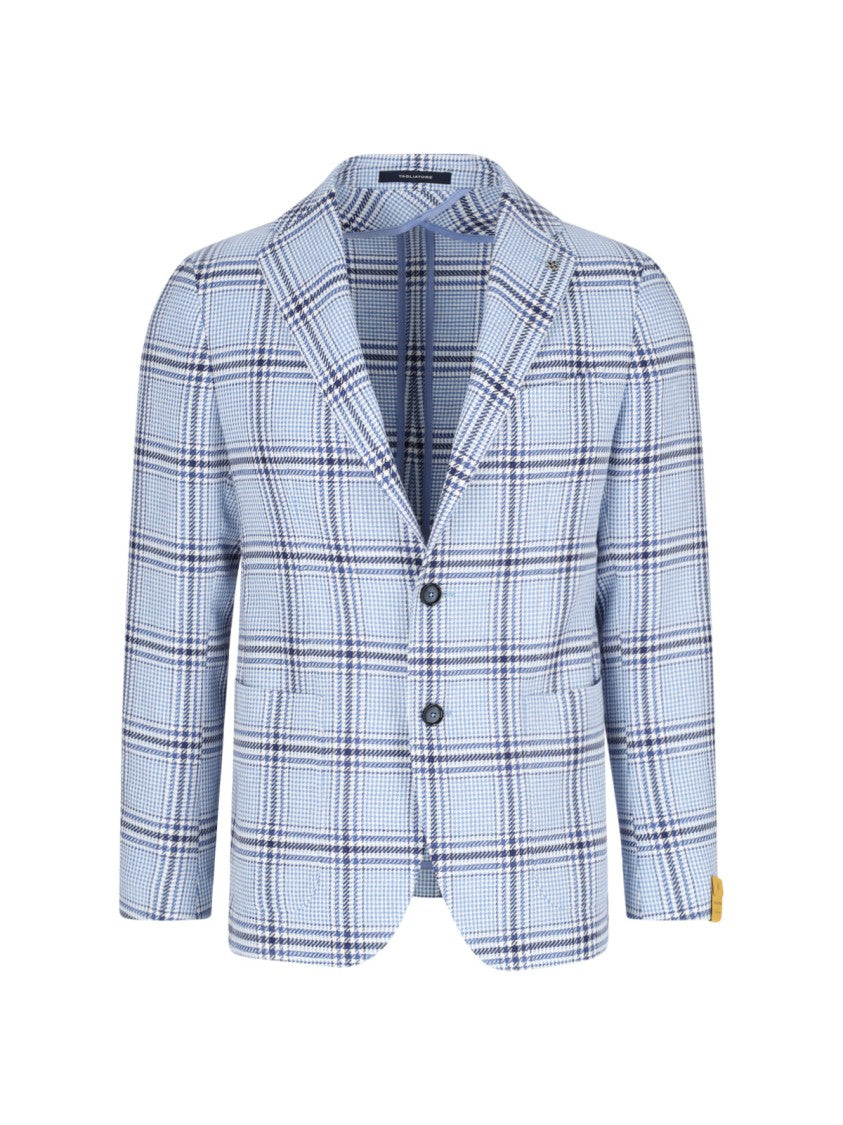 Tagliatore Light Blue Checkered Cotton-Linen Blazer