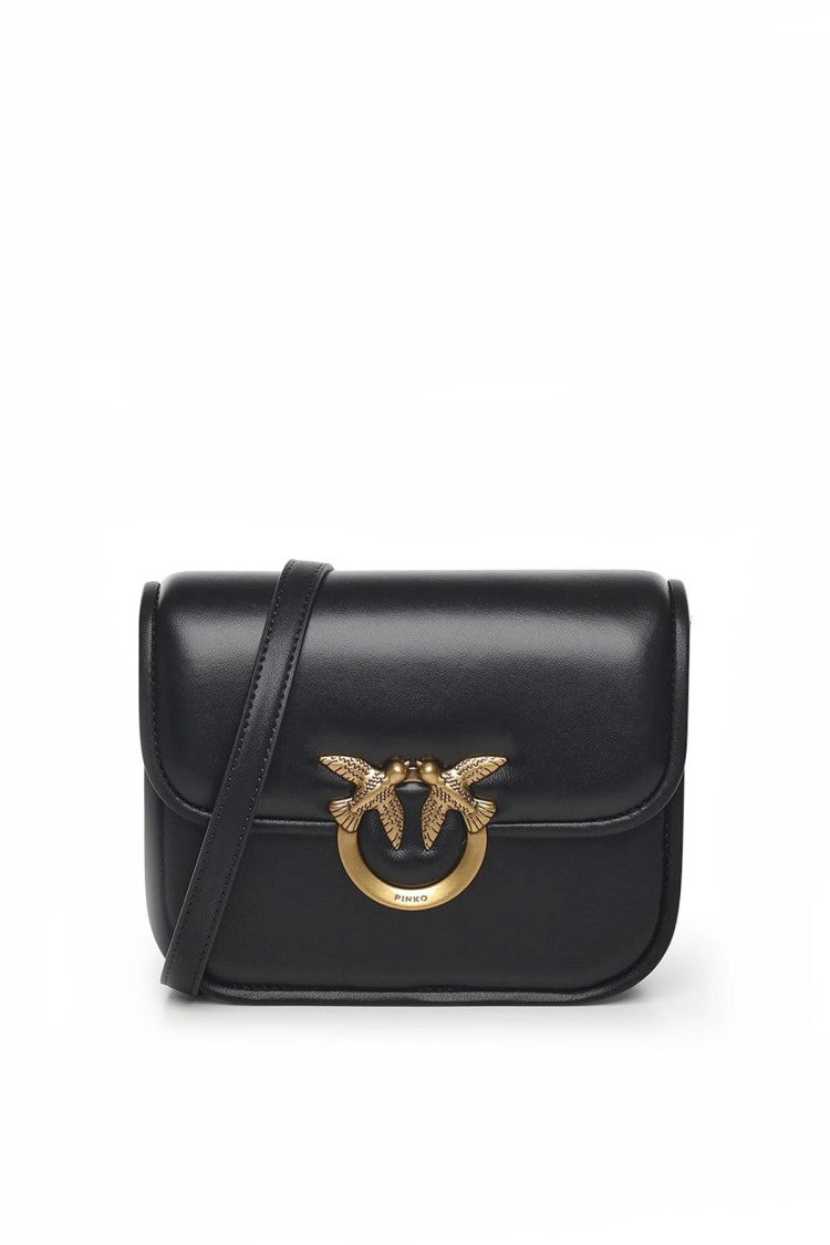 Pinko Black Flap-Front Gold Logo Clasp Leather Shoulder Bag