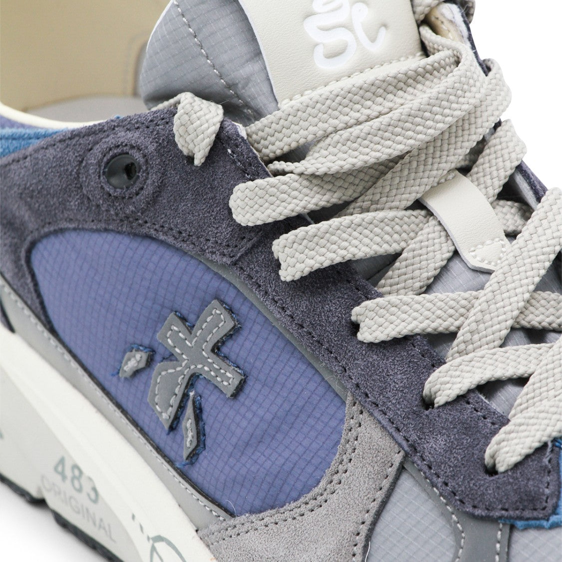 Premiata Layered Grey And Blue Sneakers With Stitched Logo