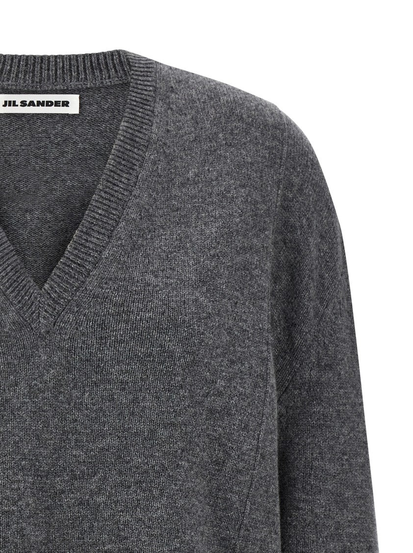 Jil Sander V-Neck Cashmere Blend Sweater With Dropped Shoulders And Ribbed Finish