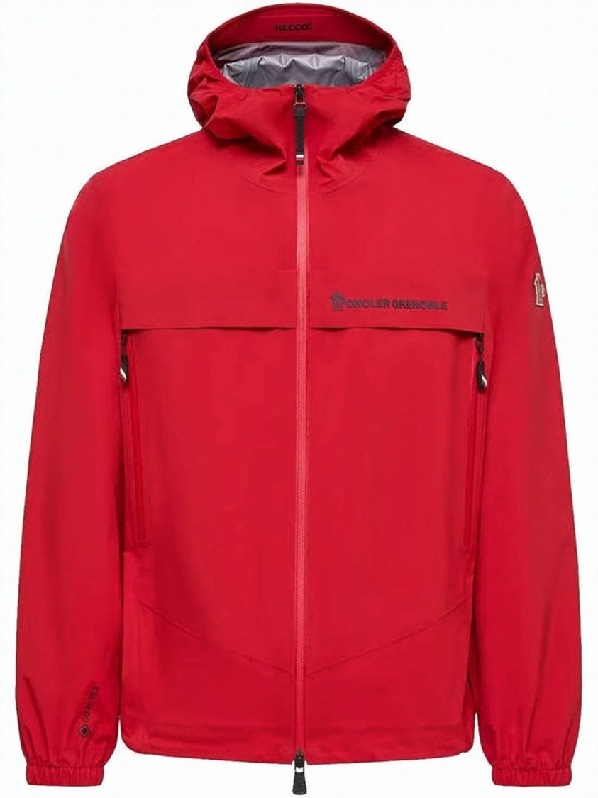 Moncler Red Nylon Jacket With Hood And Zippered Pockets