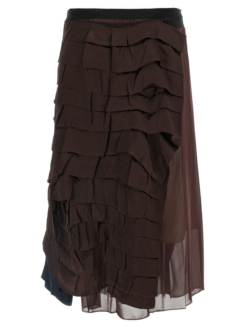 Prada Asymmetrical Patchwork Skirt With Ruffle Details And Grosgrain Tie