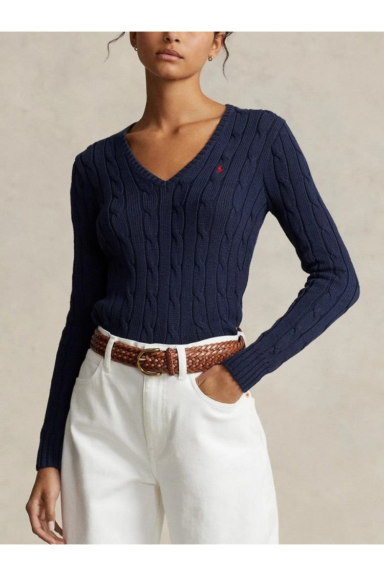 Polo Ralph Lauren Navy Cable-Knit V-Neck Cotton Sweater