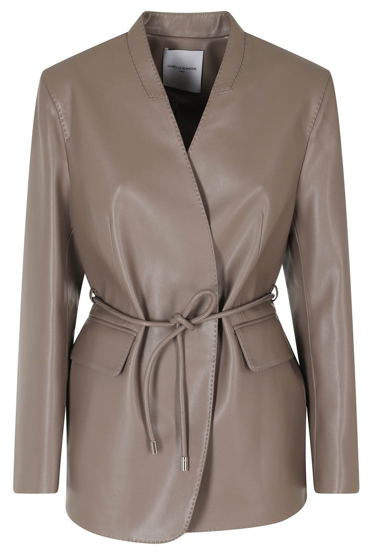 Isabelle Blanche Taupe Single-Breasted Faux Leather Jacket