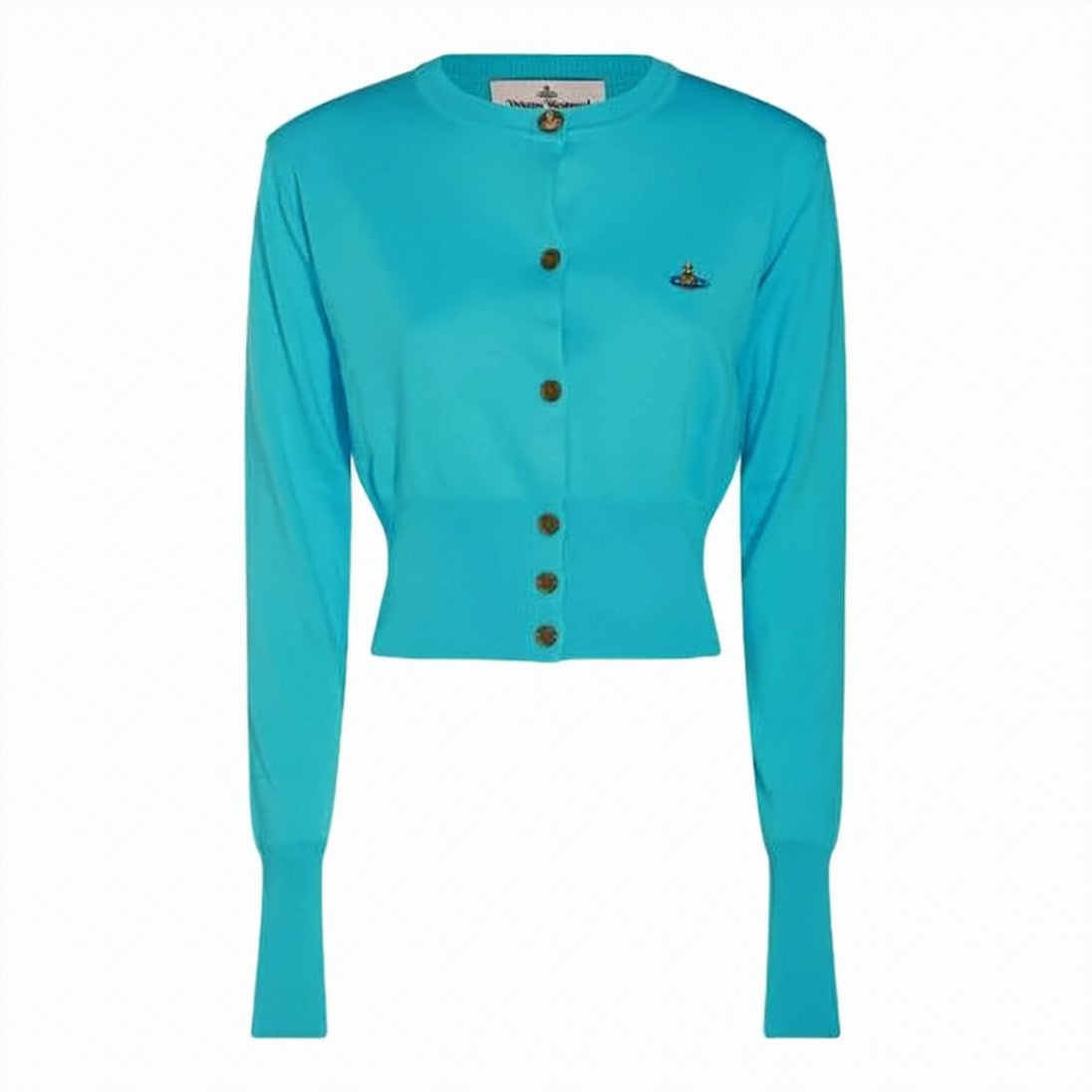 Vivienne Westwood Fitted Turquoise Cropped Cardigan With Button-Down Front And Embroidered Emblem