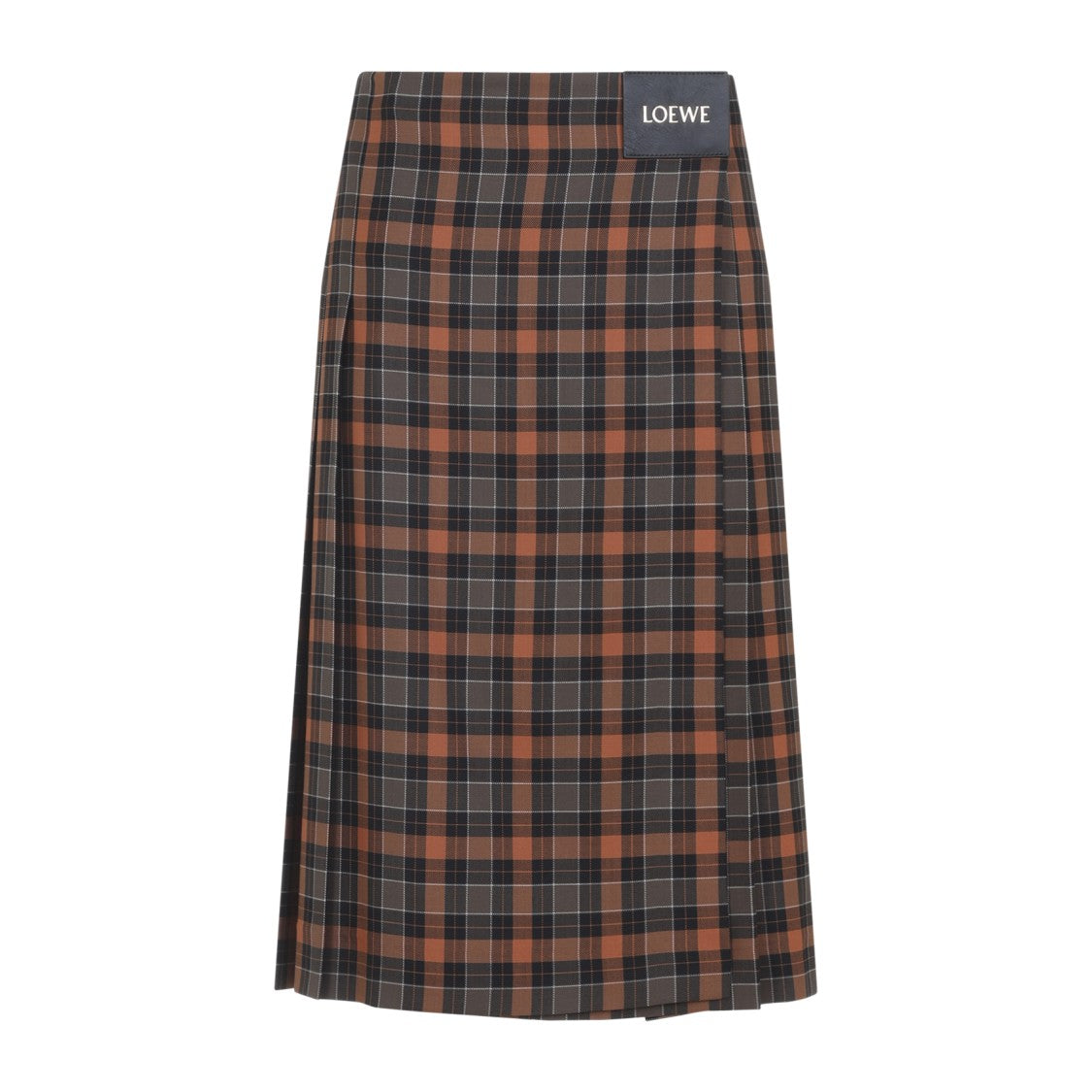 Loewe Checkered Wool Blend Pleated Skirt With Logo Patch