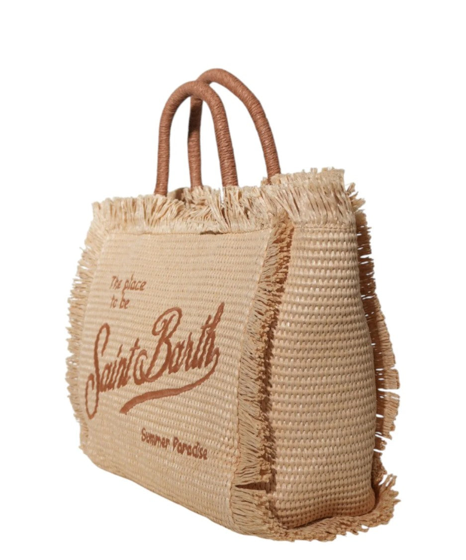 Mc2 Saint Barth Natural Straw Woven Tote Bag With Fringed Edges