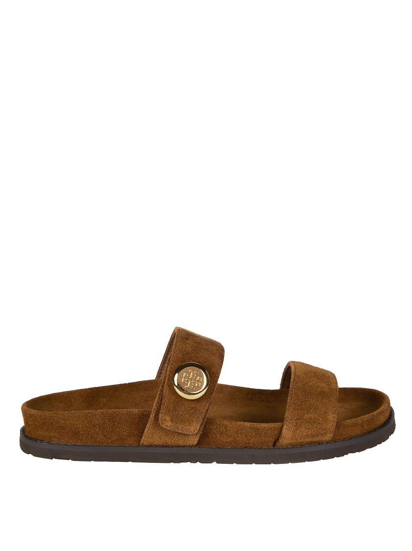 Tory Burch Brown Romy Suede Wide Strap Slides