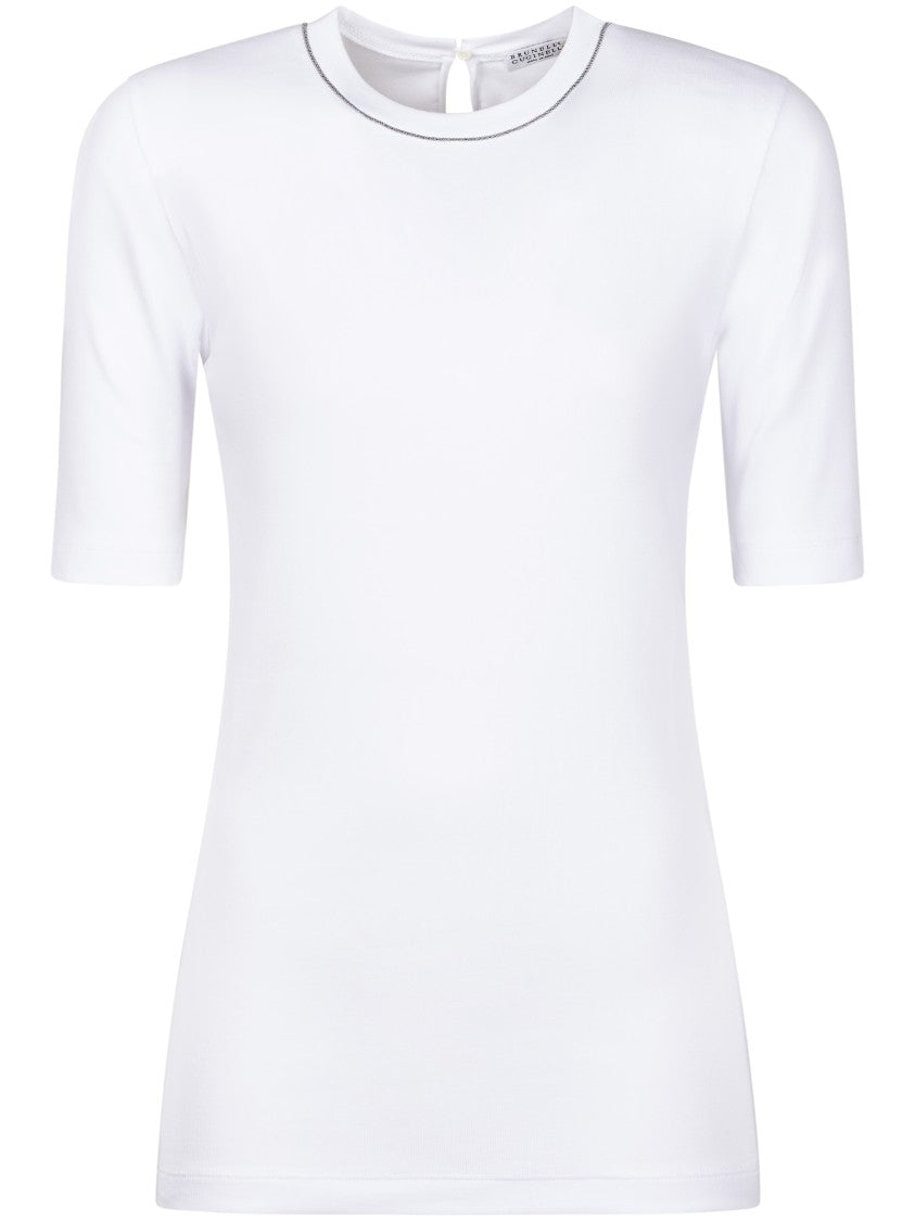 Brunello Cucinelli Fitted White T-Shirt With Contrast Piping And Keyhole Closure
