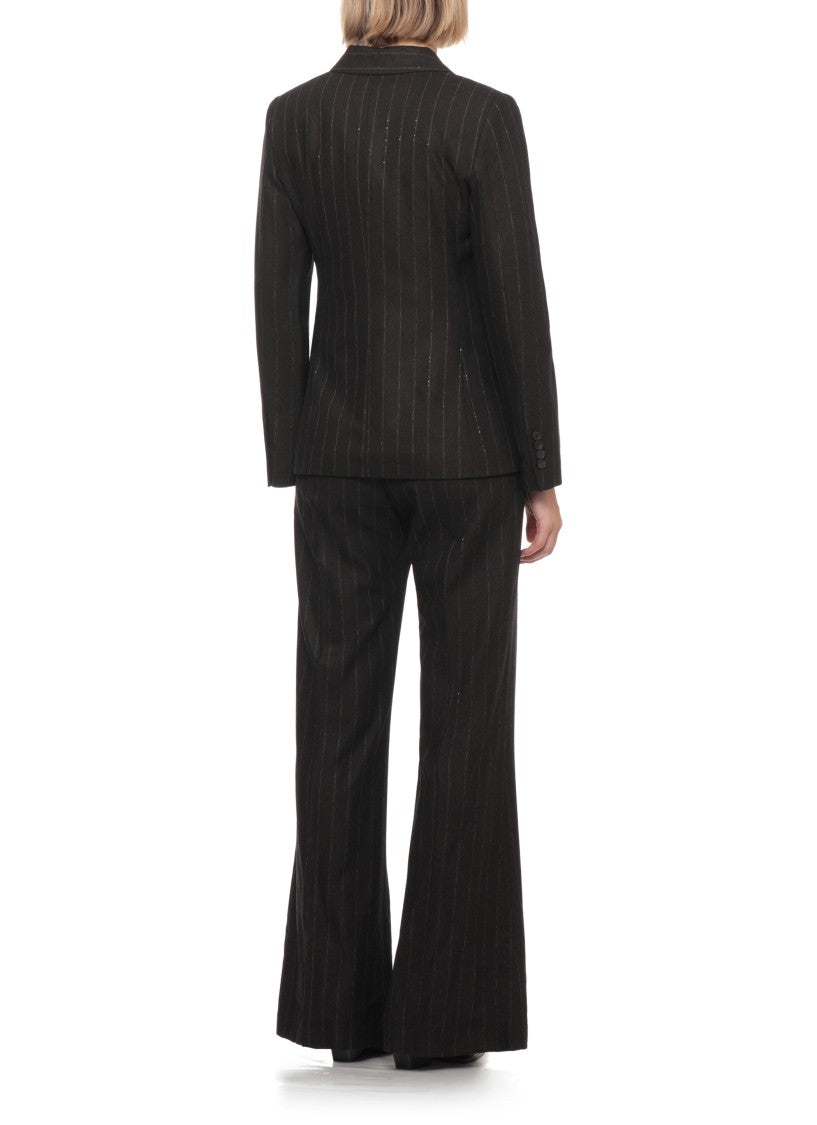D. Exterior Brown Pinstriped Sequin Wool Double-Breasted Blazer