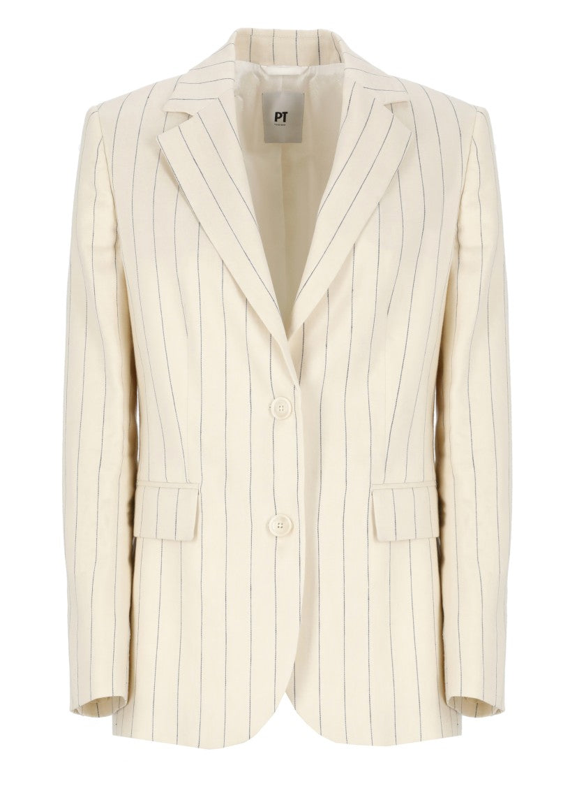 Pt Torino Ivory Striped Linen And Cotton Blazer With Classic Lapel