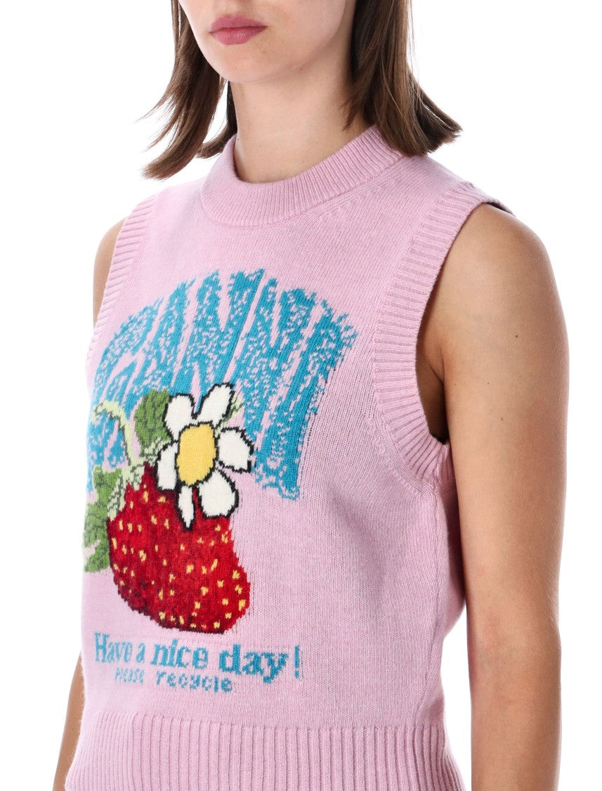 Ganni Knitted Vest With Strawberry Graphic And Ribbed Edges