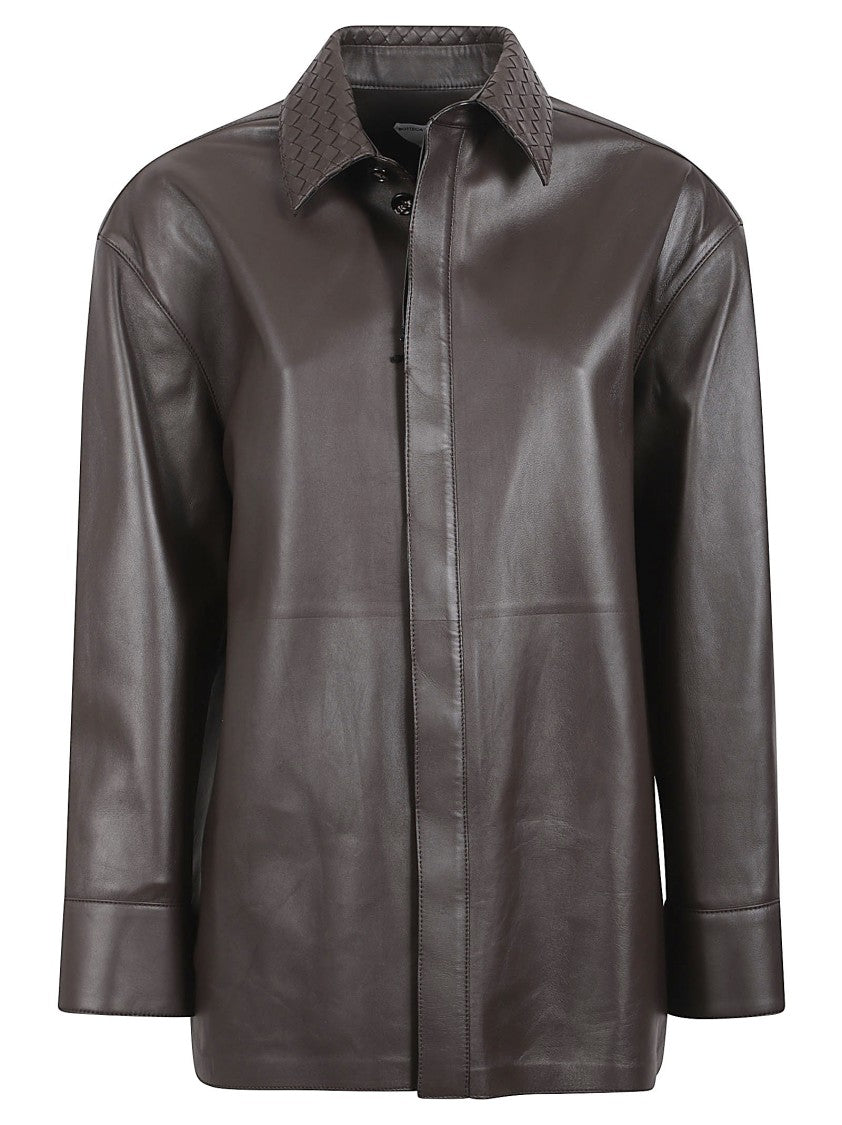 Bottega Veneta Boxy Brown Woven Leather Collar Jacket