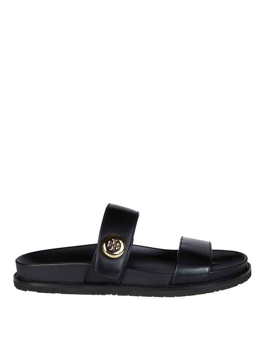 Tory Burch Romy Leather Metallic Emblem Slides