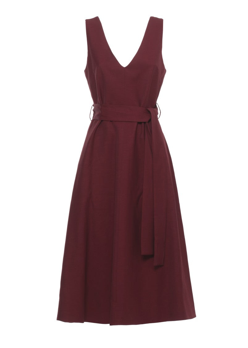 Parosh Bordeaux Viscose And Linen Midi Dress With Matching Belt