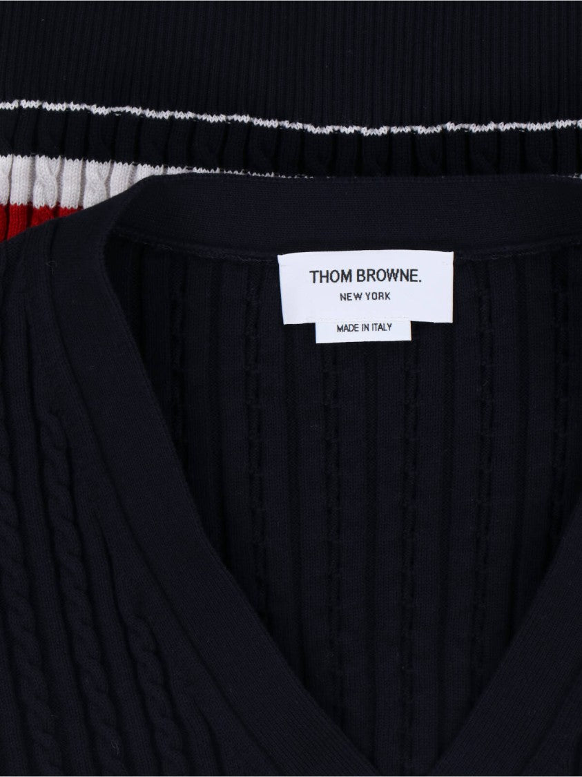 Thom Browne Navy Blue Knitted Cotton V-Neck Cardigan
