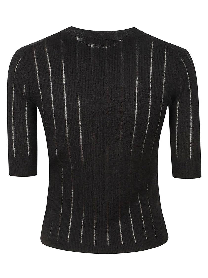 Max Mara Ribbed Knit Top With Sheer Vertical Stripes