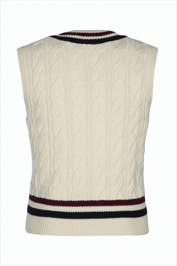 Celine Cashmere Knit Vest With Cable Pattern And Contrasting Stripes