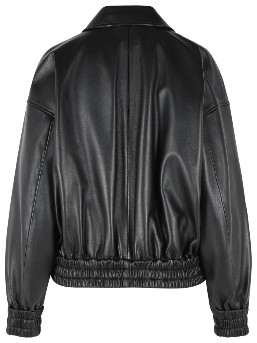 Jil Sander Black Leather Bomber Jacket