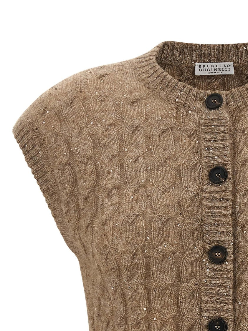Brunello Cucinelli Cable Knit Vest With Micro Sequin Braids And Ribbed Finish