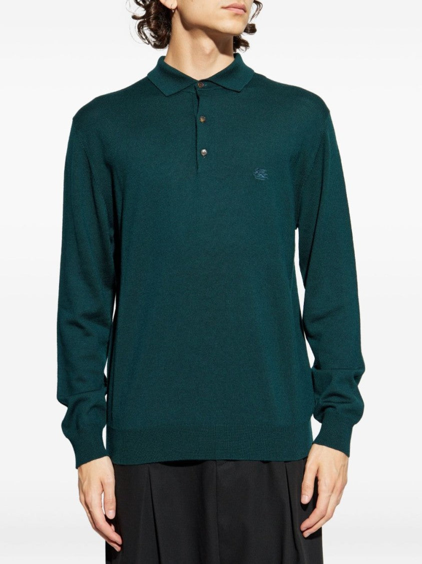 Etro Long-Sleeved Bottle Green Knit Polo Shirt