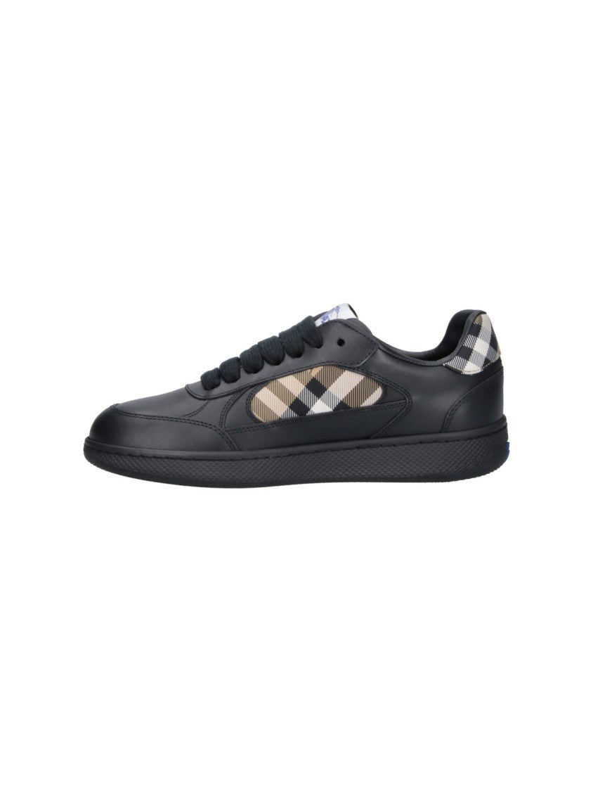 Burberry Low-Top Black Leather Sneakers With Signature Check Inserts