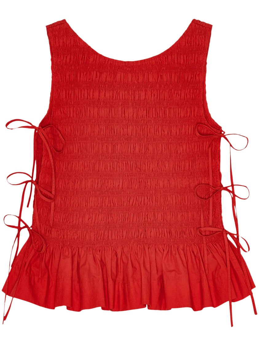 Ganni Smocked Bodice Top With Ruffled Peplum Detail