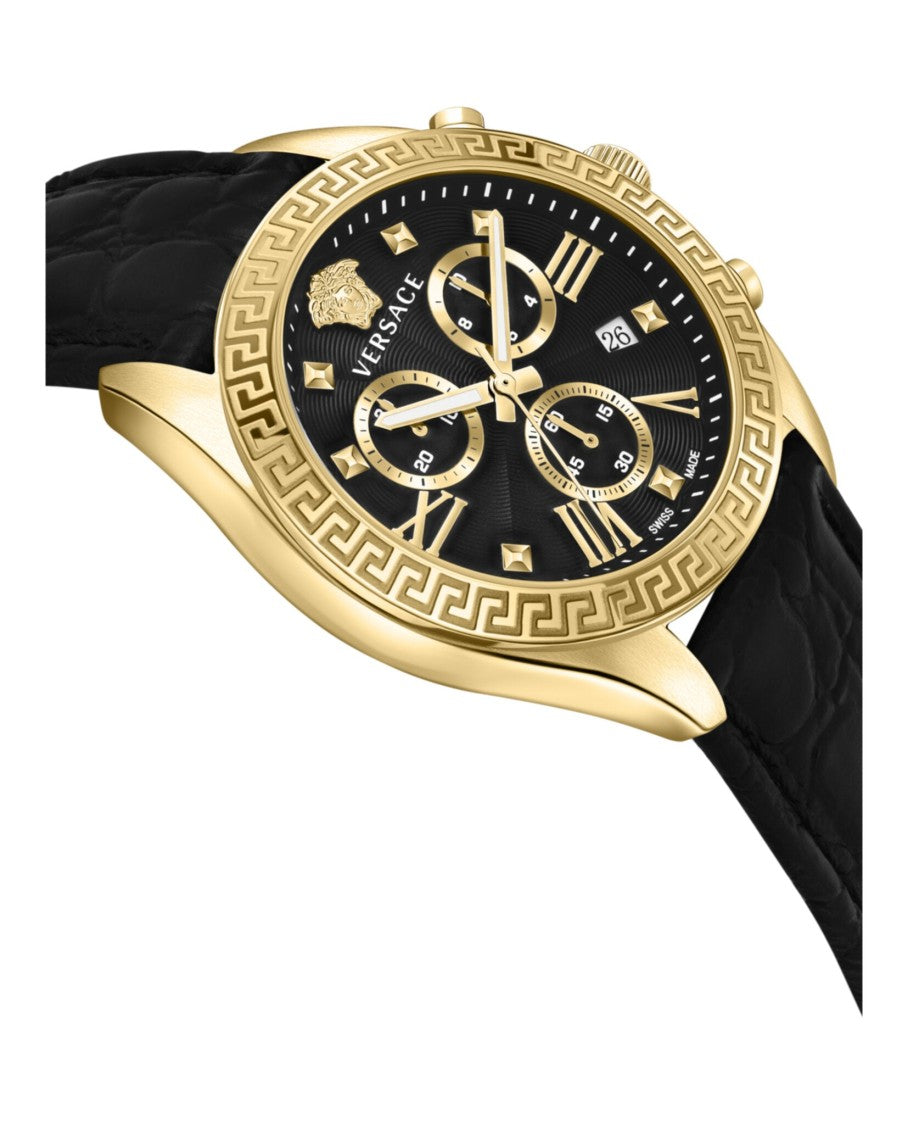 Versace Greca Chrono Leather Watch With Black Guilloche Dial