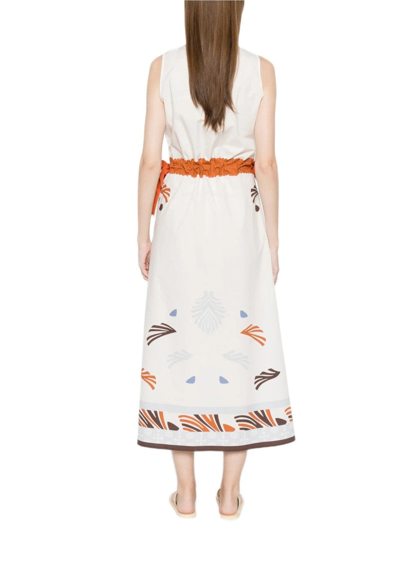 Herno Marine-Print Midi Dress With High Neckline And Drawstring Detail