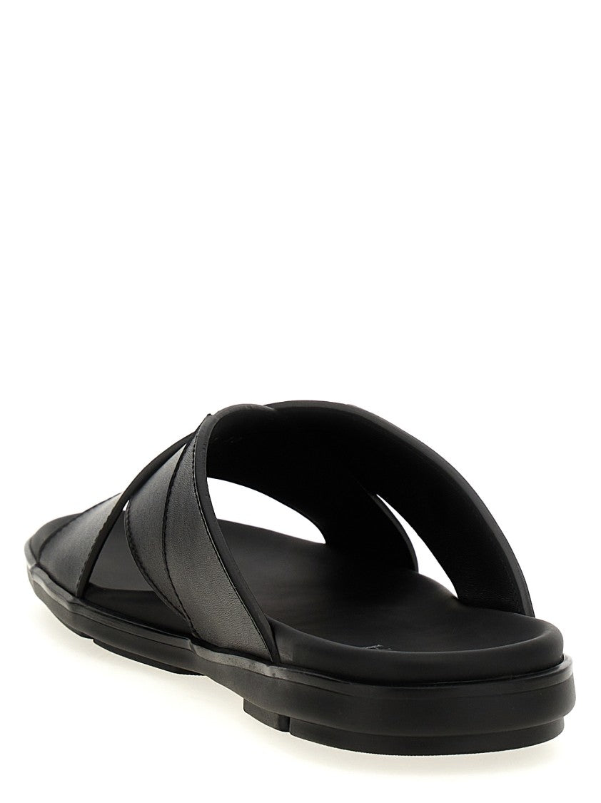 Prada Black Leather Sandals With Triangle Enameled Logo