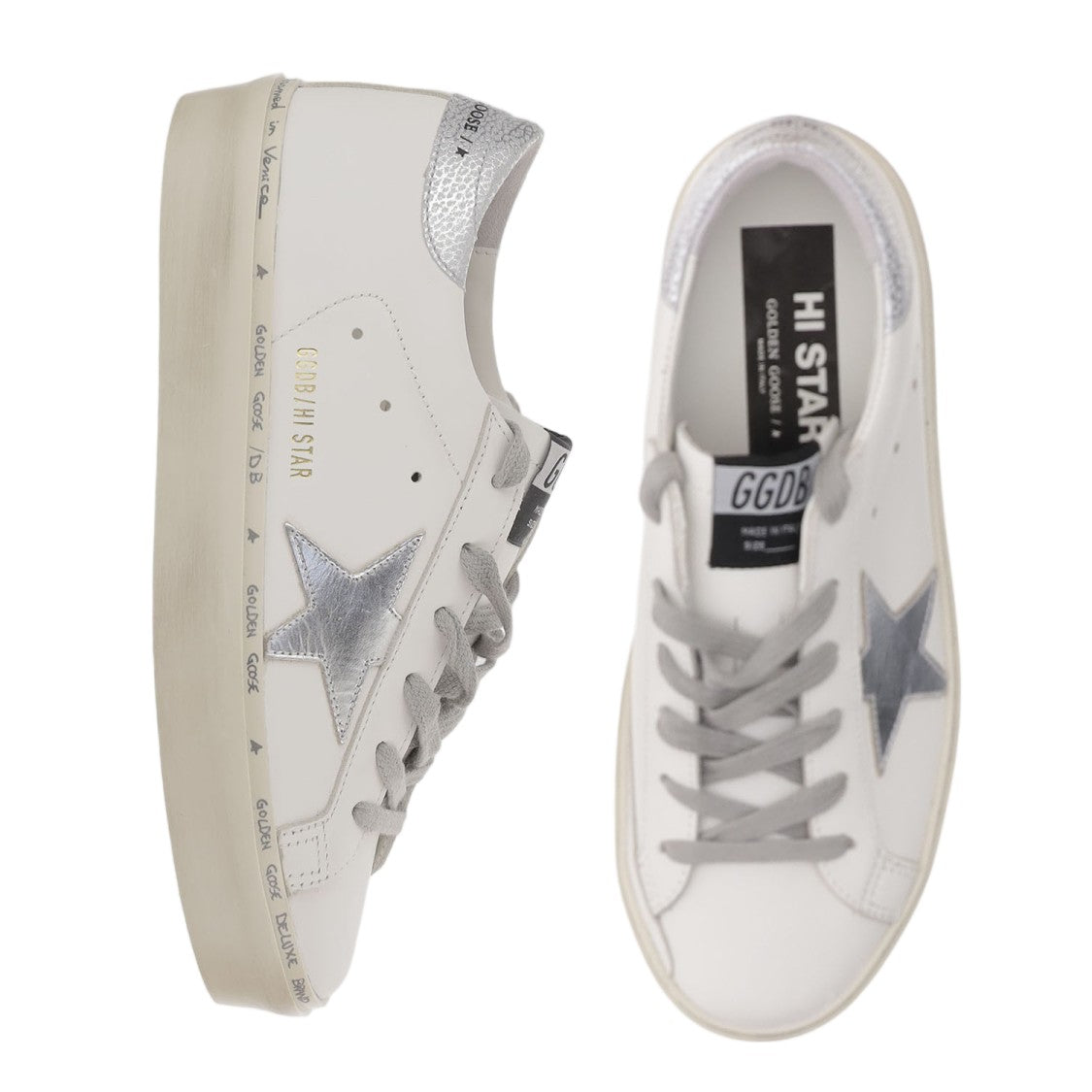 Golden Goose Leather Hi Star Silver Patch Sneakers