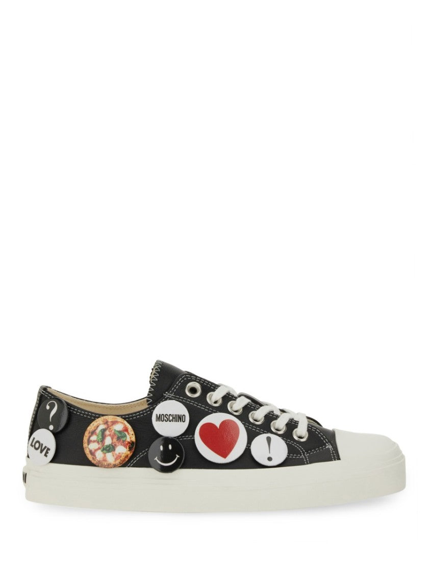 Moschino Black Leather Sneakers With Playful Pins