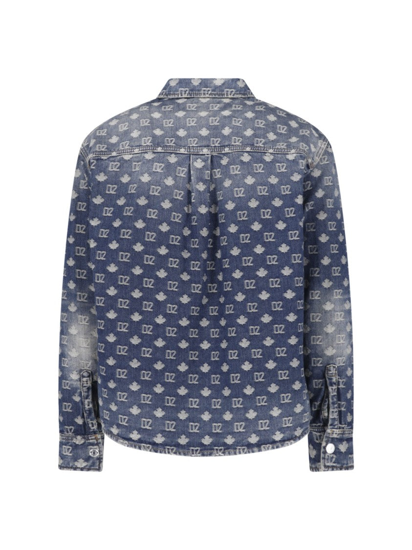 Dsquared2 Worn Wash Denim Shirt With All-Over Monogram Design