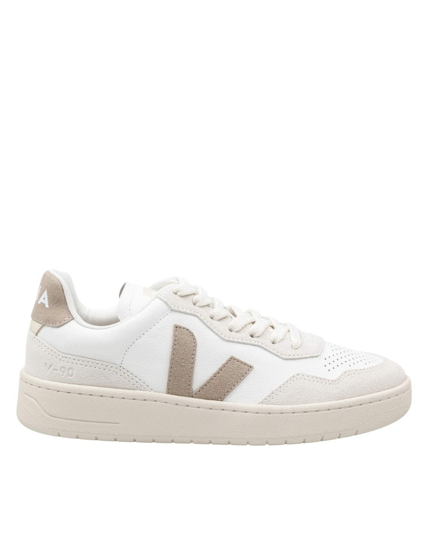 Veja V-90 Leather Sneakers, White And Cream