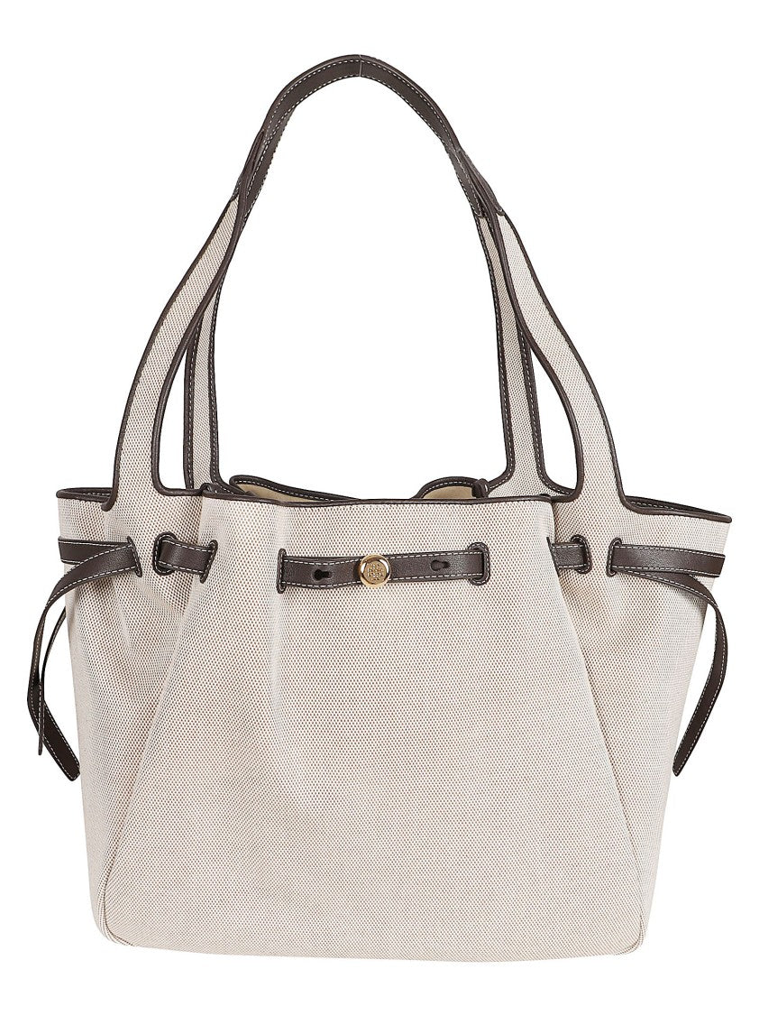 Tory Burch Textured Cotton Tote Bag With Leather Trim And Adjustable Width