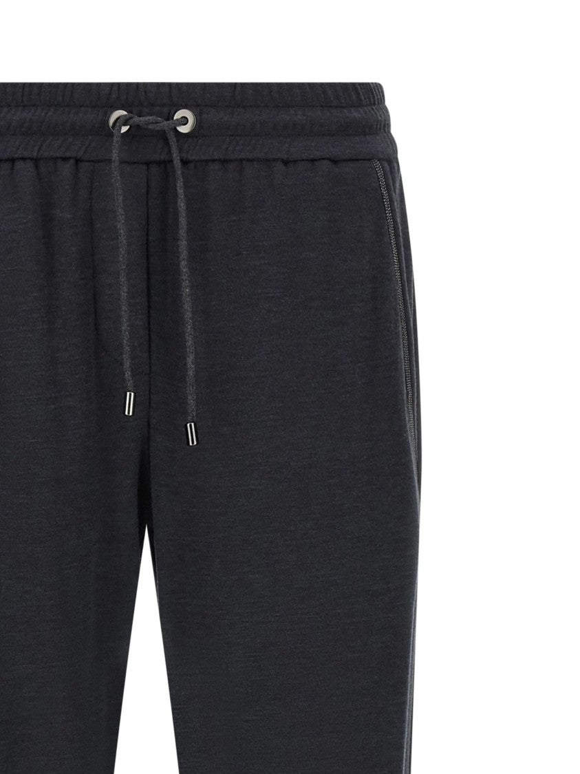 Brunello Cucinelli Gray Shiny Monili Detail Cotton-Silk Straight-Leg Pants