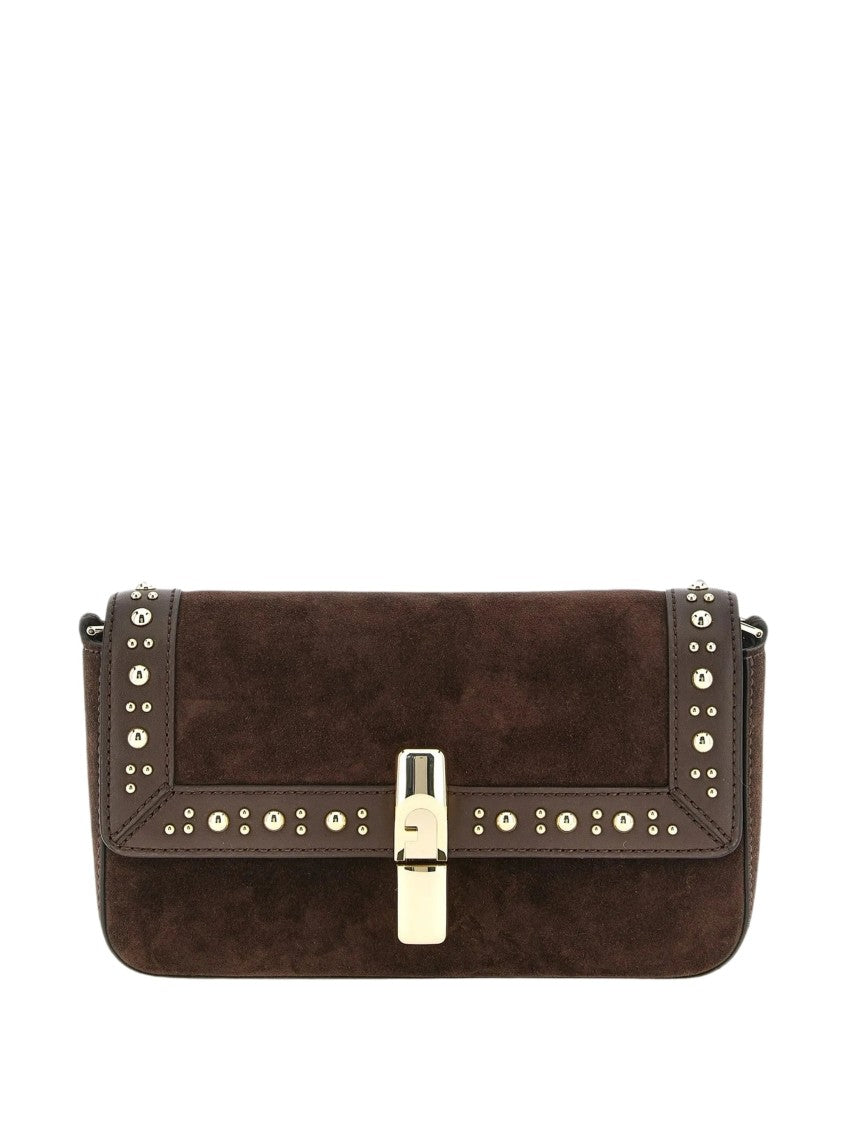 Furla Dark Brown Iride S Rectangular Suede Shoulder Bag